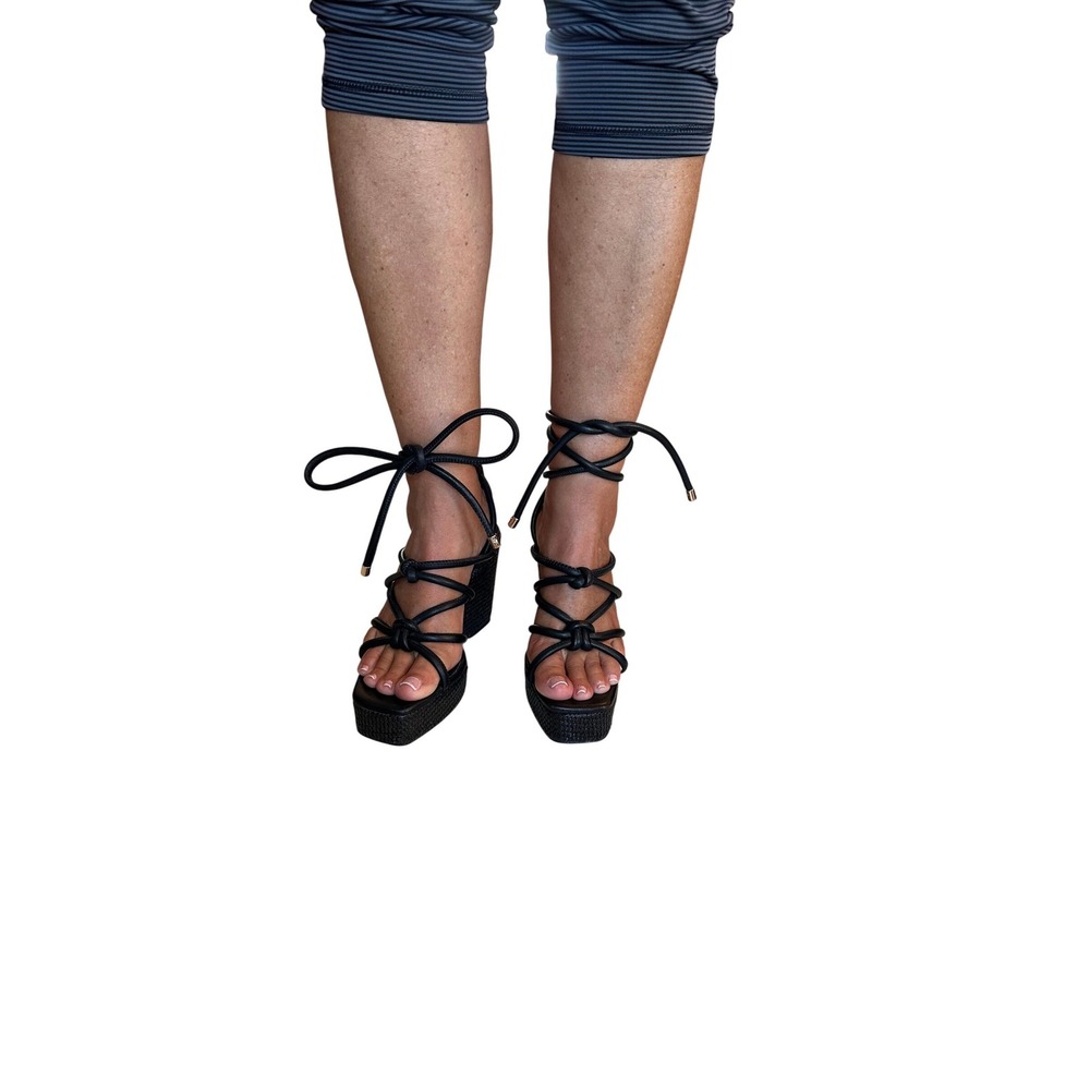 Antonio Melani Black Lace Up Wedge Sandals Platform Square Toe Strappy Heels